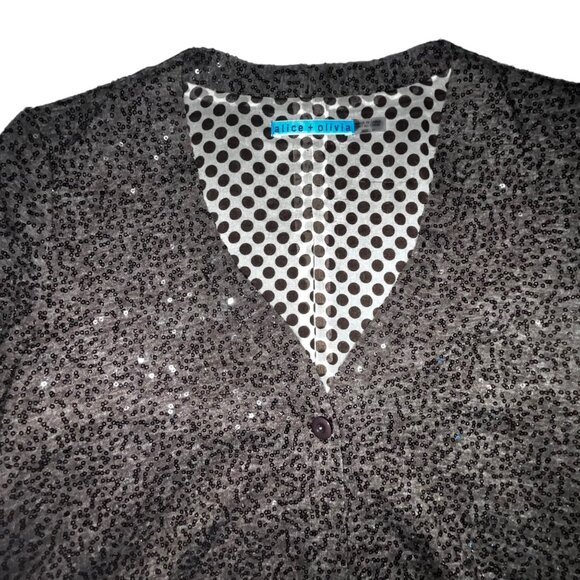 Alice + Olivia Sequined Brown Sweater Top Silk Lined Polka Dot Button Down Blous - Picture 2 of 8